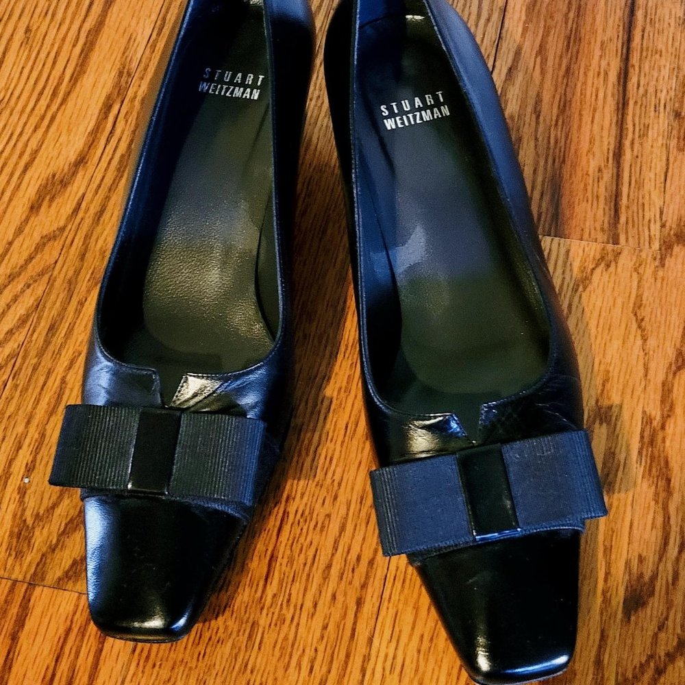 Stuart Weitzman Black Kitten Heel Bow Square Toe Pump